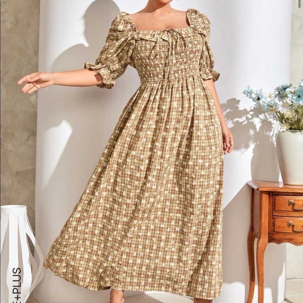 Shein // Cottagecore Floral & Plaid Maxi Dress with Smocking